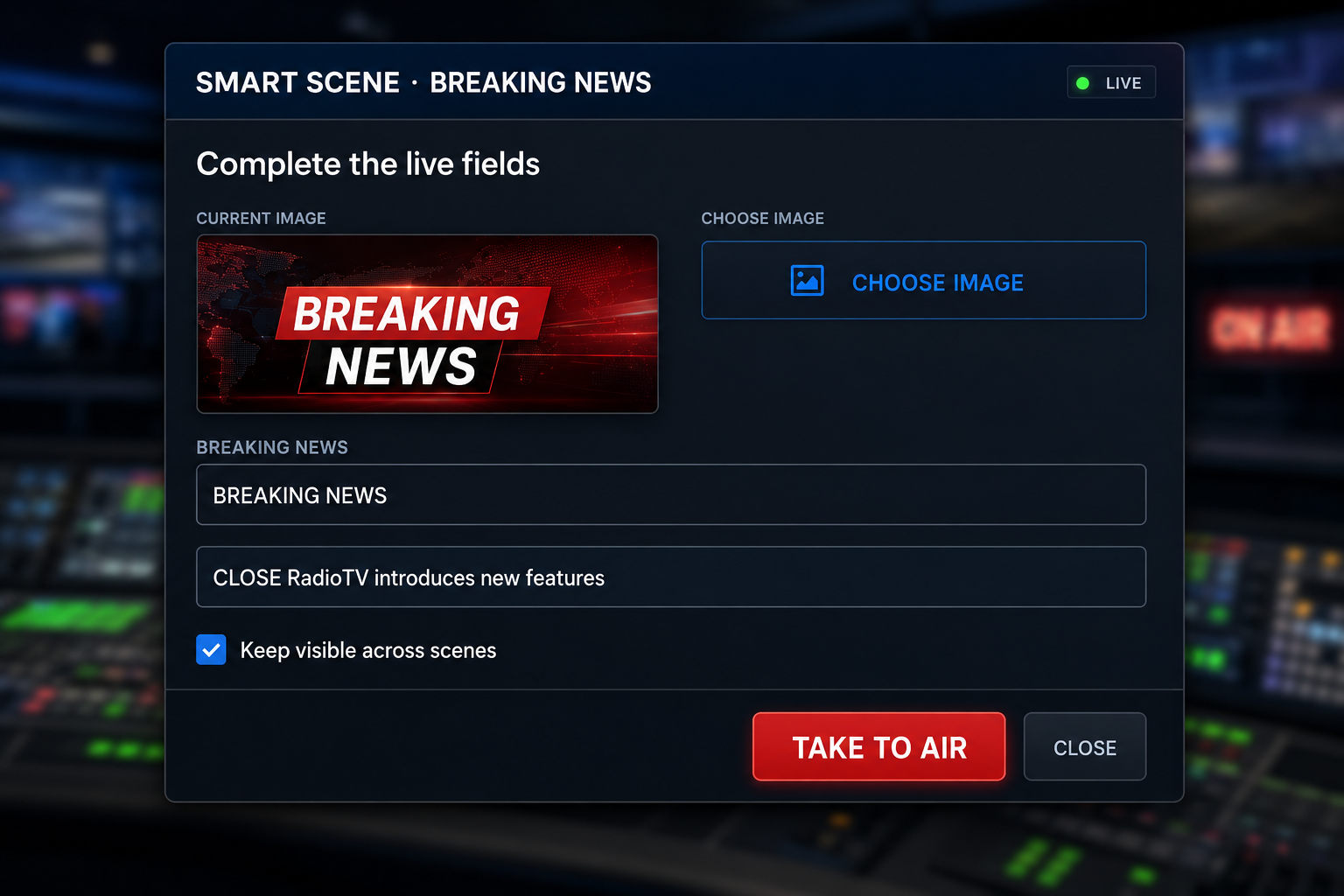 Modern Smart Scenes live editor showing English breaking-news text and image controls